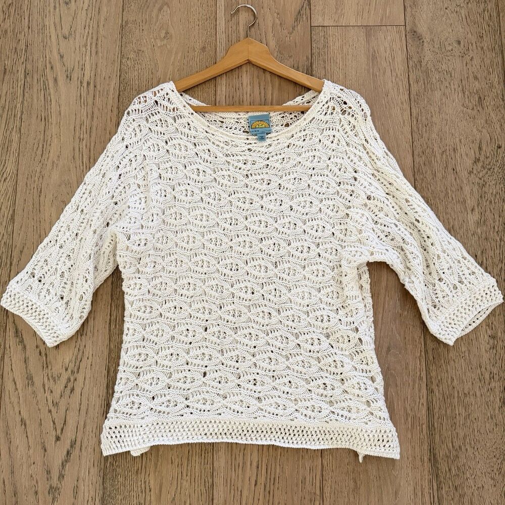 C&C California Open Knit Sweater Large Ivory Crochet Boho Beachy Ramie Cotton